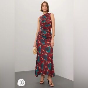 Ulla Johnson Livia Midi Dress size Medium red and teal print.